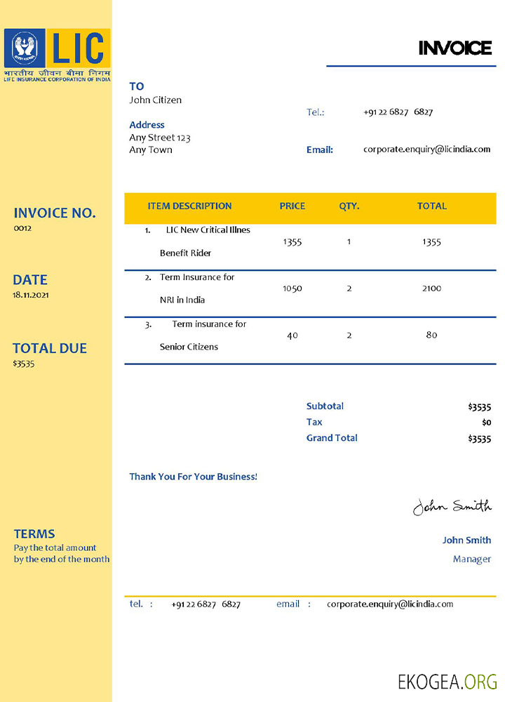 Modèle de facture USA LIC